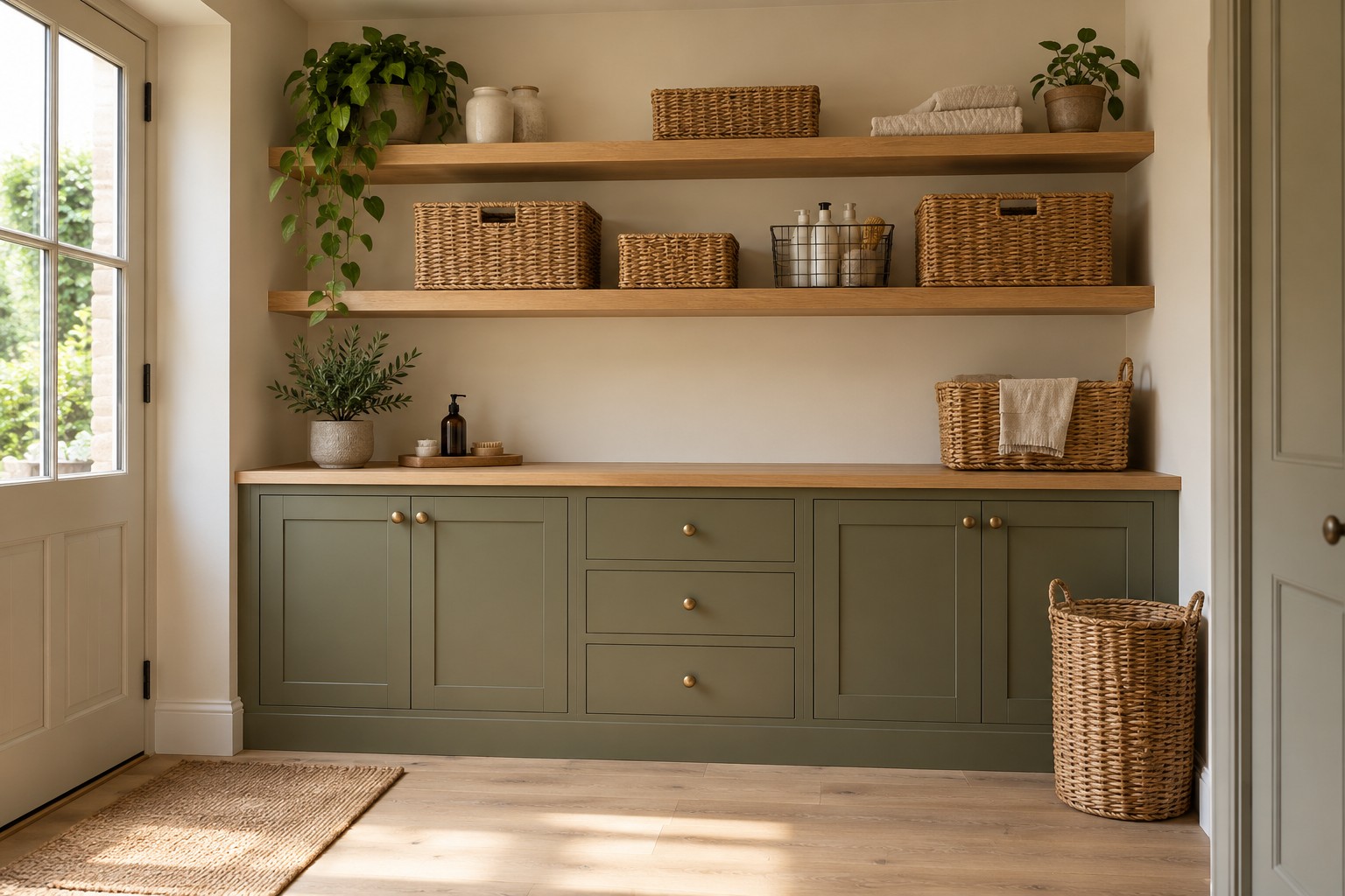 Illustrative utility room with olive cupboards and natural oak shelving